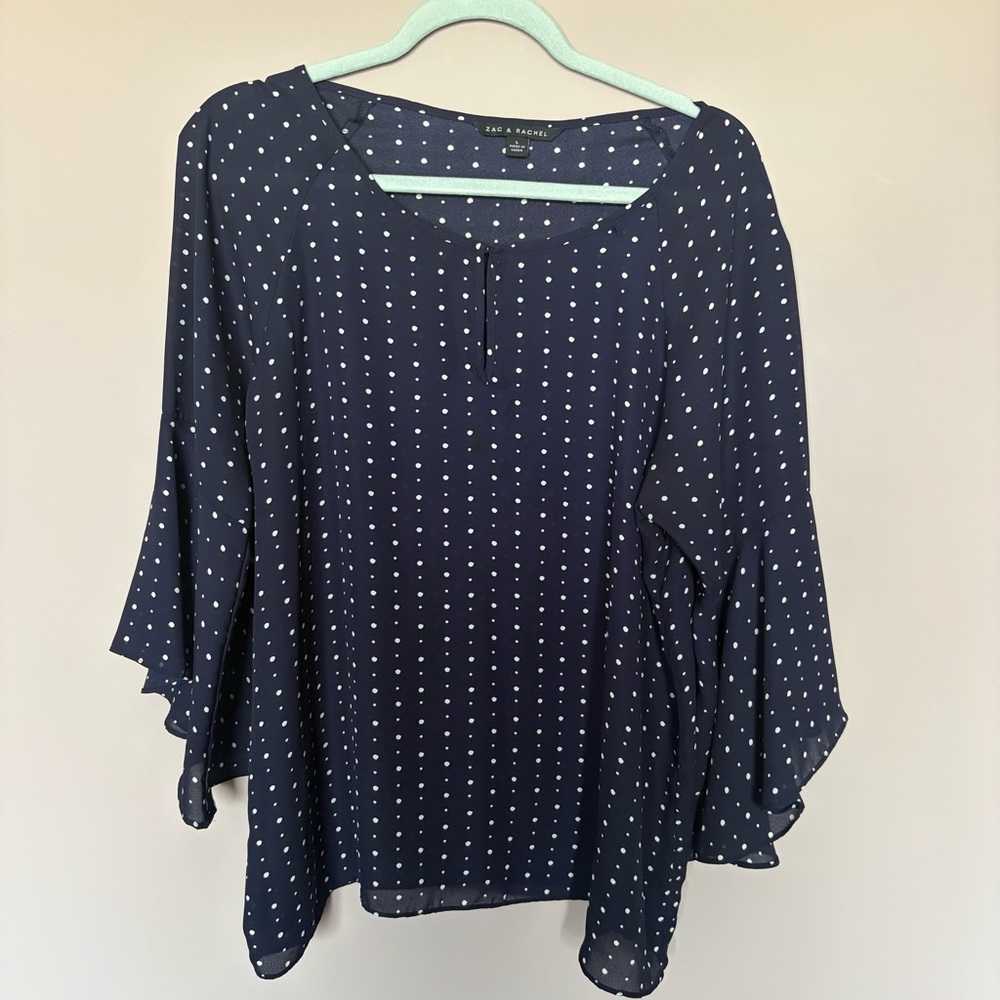 Zac & Rachel Navy Blue Polka Dot Tiered Bell Sleeve Blouse Top Large